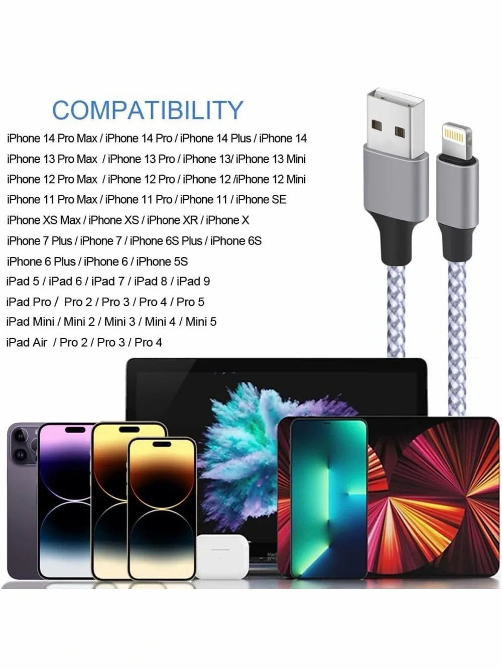 Universal Braided Lightning to USB Charging Cable - Silver (4 Pack)